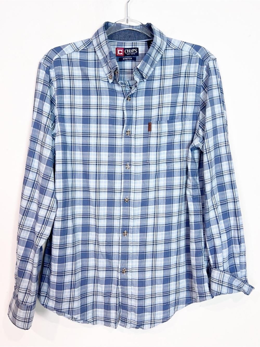 CHAPS BLUE WHITE PLAID LONG SLEEVE BUTTON FRONT SHIRT MENS SZ MEDIUM